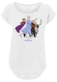 Weißes T-Shirt mit kurzen Ärmeln, das einen Druck von Charakteren aus Frozen II zeigt, darunter Elsa, Anna, Olaf und Kristoff mit Sven.