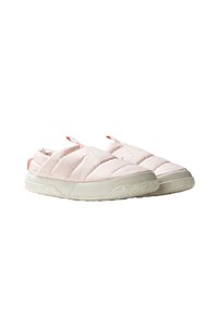 Scarpe slip-on rosa chiaro con tessuto trapuntato, logo bianco e suola in gomma bianca con motivo antiscivolo. Includes un tassello per facilitarne l'indossamento.