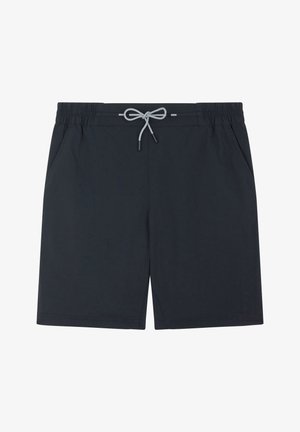 Dark blue swim shorts made from lightweight fabric, featuring an elastic waistband, adjustable drawstring, and side pockets.