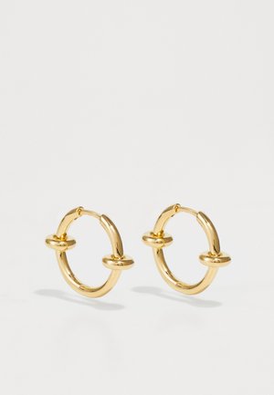 Gold hoop earrings feature a smooth, rounded design with two central accents, polished finish, and a secure clasp for easy wear.