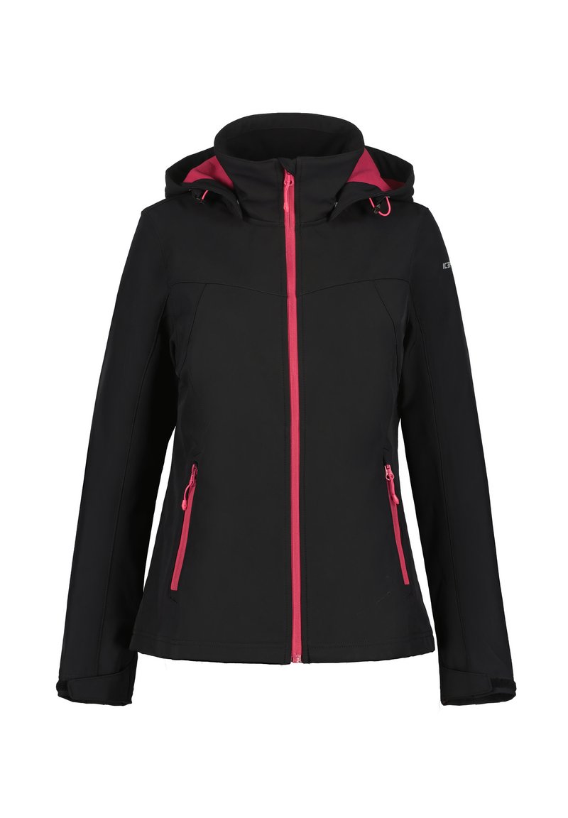 Giacca nera con zip rosa e dettagli delle tasche, colletto alto e cappuccio con cordini rosa regolabili, mostrata su uno sfondo bianco.