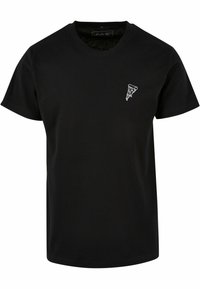 Black cotton t-shirt with short sleeves, crew neck, and white embroidered pizza slice logo on the left chest area. Simple design.