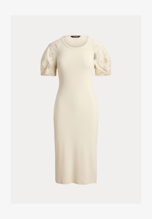 Lauren Ralph Lauren, RIB-KNIT COTTON EYELET-PUFF-SLEEVE DRESS - Φόρεμα-πουλόβερ - mascarpone cream