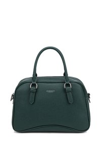 Borsa a mano in pelle verde con manici doppi, superficie testurizzata, chiusura con zip e design curvo. Presenta accessori in argento e logo sul davanti.
