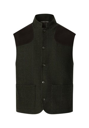 Groene geruite wollen vest met een hoge kraag, donkerbruine suède schouderpatches en twee voorzakken; sluiting met zes knopen.