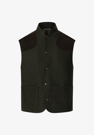 Chaleco de lana a cuadros verde con cuello alto, parches de ante marrón oscuro en los hombros y dos bolsillos frontales; cierre de seis botones.