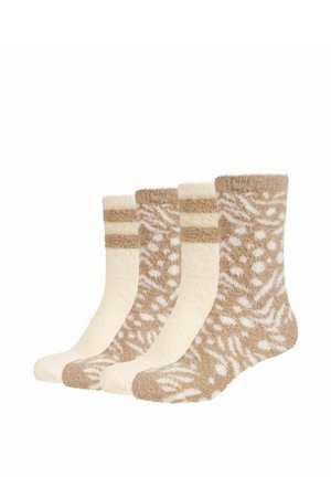 Quatre paires de chaussettes douces en beige et crème, alternant rayures unies et motifs animaliers, disposées en rangée sur un fond blanc.