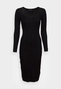 Robe midi en maille noire à manches longues, avec un décolleté en V et une silhouette ajustée, présentant un motif en torsades texturé sur toute la surface.