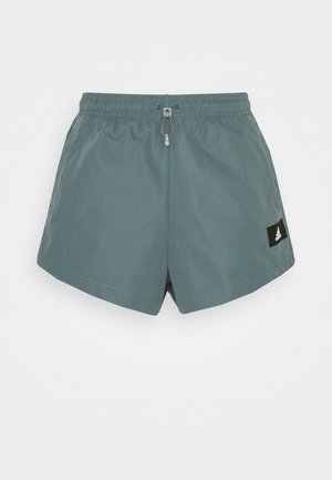 Pantaloncini sportivi grigi con vita elastica e coulisse, con una piccola toppa nera del logo Adidas sulla parte frontale della gamba destra.