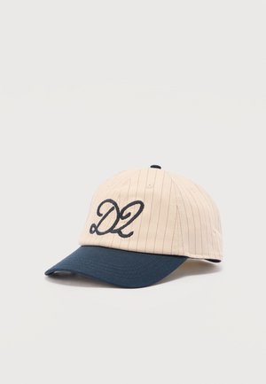 Beige pinstriped baseball cap with dark blue curved brim and embroidered black "D2" on the front panel, displayed on white background.