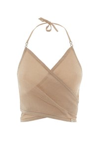 Bralette nude a halter con tessuto trasparente e testurizzato, caratterizzato da un design avvolgente e un legaccio regolabile al collo. Dettagli in metallo argentato.