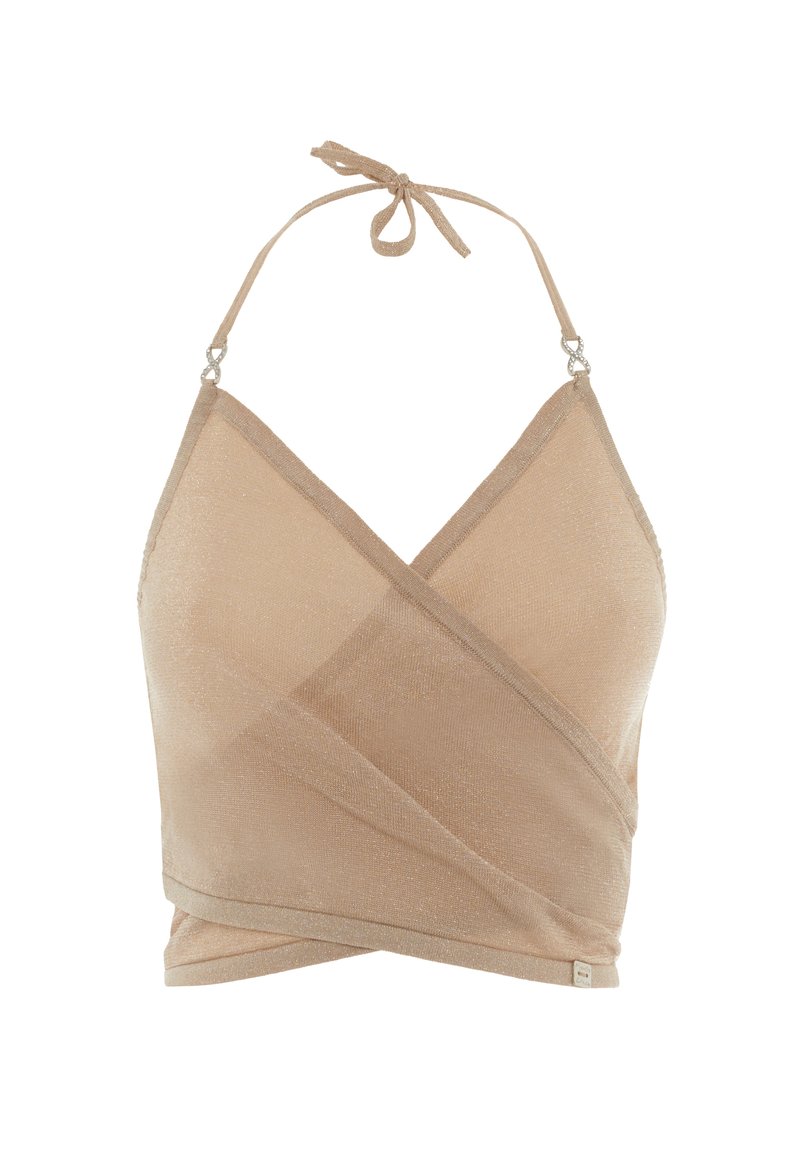 Bralette nude a halter con tessuto trasparente e testurizzato, caratterizzato da un design avvolgente e un legaccio regolabile al collo. Dettagli in metallo argentato.