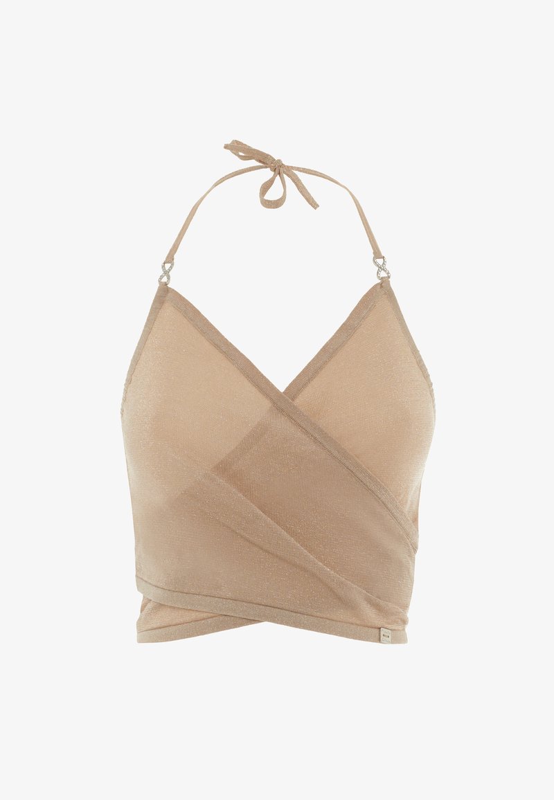 Bralette nude a halter con tessuto trasparente e testurizzato, caratterizzato da un design avvolgente e un legaccio regolabile al collo. Dettagli in metallo argentato.