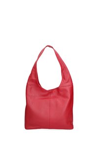 Rode leren hobo tas met een zachte textuur, slonzige vormgeving en een brede schouderband. Heeft een naadloos, ongestructureerd lichaam.