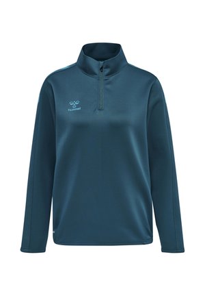Pull-over de sport à manches longues bleu sarcelle foncé, avec une fermeture éclair quart, un col montant, logo hummel sur la poitrine gauche et bandes sur les épaules.