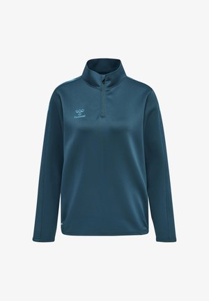 Pull-over de sport à manches longues bleu sarcelle foncé, avec une fermeture éclair quart, un col montant, logo hummel sur la poitrine gauche et bandes sur les épaules.