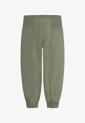 Pantalons légers verts avec une taille smockée, des jambes fuselées et des poignets élastiques. Texture lisse, design décontracté adapté à diverses occasions.