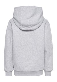 Grauer Kapuzenpullover mit gefütterter Kapuze, langen Ärmeln und geripptem Saum. Der Stoff hat eine weiche, strukturierte Oberfläche. Keine sichtbaren Marken oder Muster.