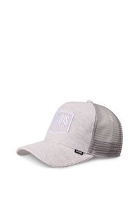 Cappellino snapback grigio chiaro con parte frontale in tessuto texture e retro in rete, dotato di una patch logata bianca ricamata e visiera curva.