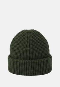 Green knit beanie hat with textured pattern and a folded cuff. Circular shape, soft wool material, designed for warmth and comfort.