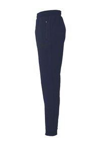 Marineblauwe joggingsbroek van zachtheid stof. Heeft een elastische tailleband, taps toelopende benen en een ritszak aan de rechterkant.