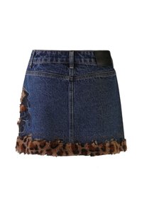 Denim mini skirt with a dark blue finish, featuring a leopard print faux fur hem and intricate black embroidery on one side.