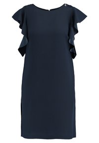 Navy blauwe jurk tot de knie met ruches aan de korte mouwen, zijspleten en twee decoratieve knopen op één schouder.