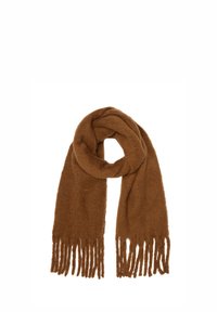 Sciarpa marrone, morbida, realizzata in materiale peloso, con estremità frangiate e un design spesso e caldo. Texture liscia con un colore uniforme.