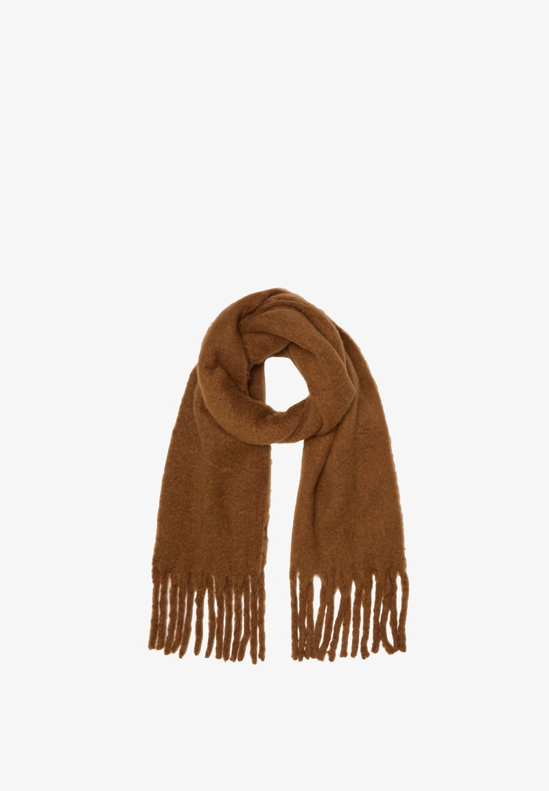 Sciarpa marrone, morbida, realizzata in materiale peloso, con estremità frangiate e un design spesso e caldo. Texture liscia con un colore uniforme.