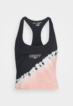 Zwarte racerback sporttanktop met diagonaal roze en wit tie-dye patroon, met wit "DKNY SPORT" logo middenvoor.