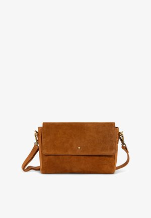 Brown suede crossbody bag with a flap closure, brass hardware, and a detachable strap. Features a smooth texture and minimal branding.