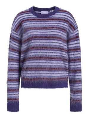 Purple, white, and maroon striped fuzzy long-sleeve sweater with crew neck and ribbed cuffs and hem.
