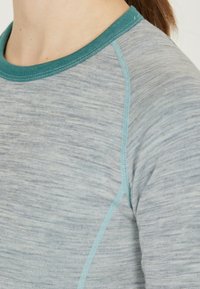 Grå långärmad tröja med en teal rundhals. Har kontrasterande teal sömmar längs axelsömmarna och sidorna. Mjuk textur.