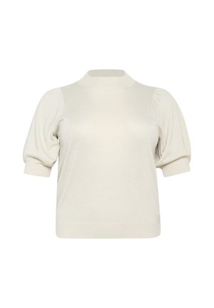 Pulover din tricot ivory, cu guler înalt, mâneci scurte tip bufant și o textură netedă. Are o strălucire subtilă pe toată țesătura.
