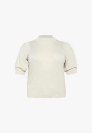 Ivory knit sweater with a high neck, short puffed sleeves, and a smooth texture. Features subtle shimmer across the fabric.