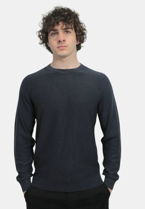 Maglione a maglia blu scuro con maniche lunghe, scollatura a girocollo, polsini e orlo a coste. Texture liscia e discreto dettaglio del logo sul petto.