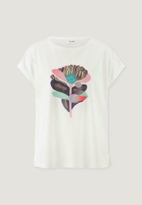 Weißes Baumwoll-T-Shirt mit kurzen Ärmeln, das ein buntes florales Grafikdesign in den Farben Rosa, Grün, Braun und Blau zeigt.