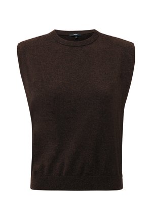 Top de punto marrón sin mangas con cuello redondo, que presenta una textura suave y un dobladillo acanalado. Diseño sencillo sin patrones ni acentos adicionales.