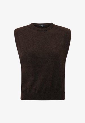 Top en tricot sans manches marron avec un col rond, présentant une texture lisse et un ourlet à côtes. Design simple sans motifs ou accents supplémentaires.