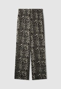 Pantaloni a gamba larga con stampa leopardata, dotati di cintura elasticizzata, caratterizzati da una texture in tessuto morbido nei toni del nero, crema e grigio.