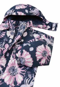 Floral waterproof jacket in navy with pink and white large flower patterns, features a hood, zipper closure, and adjustable cuffs.
