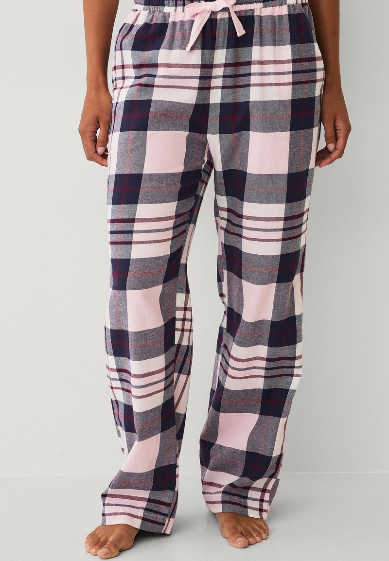 Ruted pyjamasbukser i nuancer af pink, grå og marineblå med snøre i livet og vid bukseudskæring. Blød tekstur.