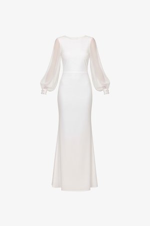Vestito lungo bianco aderente con maniche lunghe trasparenti gonfie e polsini con bottoni, con scollo rotondo e leggero svaso sull'orlo.