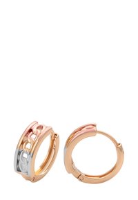 Roséguld hoops øreringe med et sølv kædedesign foran, der har hængslet lukninger.