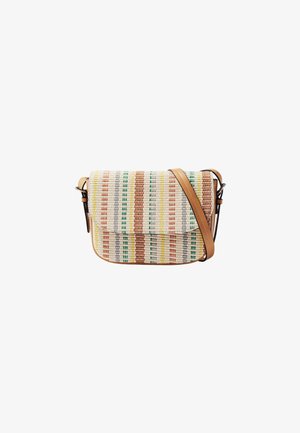 Crossbody bag with multicolored vertical stripes and a tan leather adjustable strap and trim on a white background.