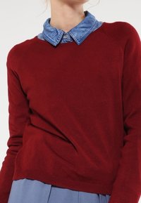 Femme portant un pull rouge par-dessus une chemise à col bleu, associée à un pantalon bleu, vue du cou jusqu'aux hanches sur un fond uni.