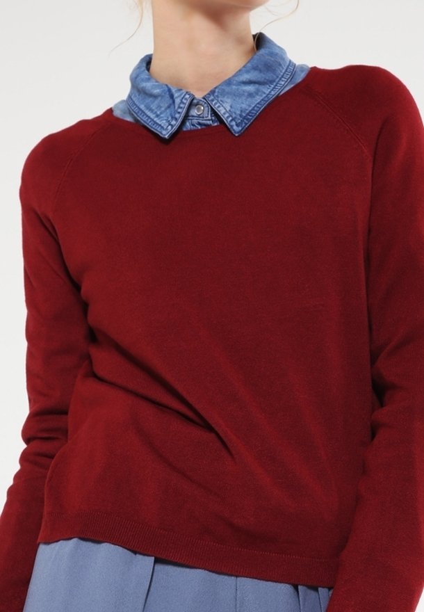 Femme portant un pull rouge par-dessus une chemise à col bleu, associée à un pantalon bleu, vue du cou jusqu'aux hanches sur un fond uni.