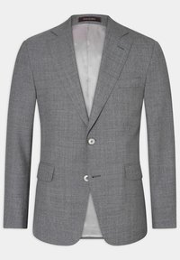 Blazer grigio con tessuto testurizzato, design a un bottone, due bottoni argentati, revers e taschino sul petto. Interno foderato.