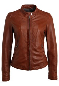Braune Damen-Lederjacke mit frontalem Reißverschluss, hohem Kragen mit Druckknopf und seitlichen Reißverschlusstaschen.