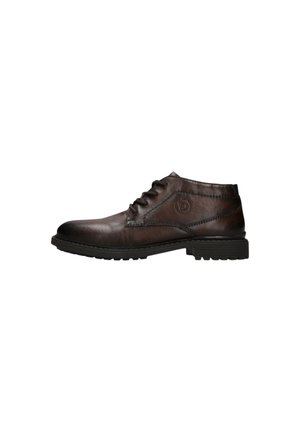 Dunkelbrauner Lederknöchel-Stiefel mit Schnürung vorne, robuster schwarzer Sohle und rundem geprägtem Logo an der Seite.